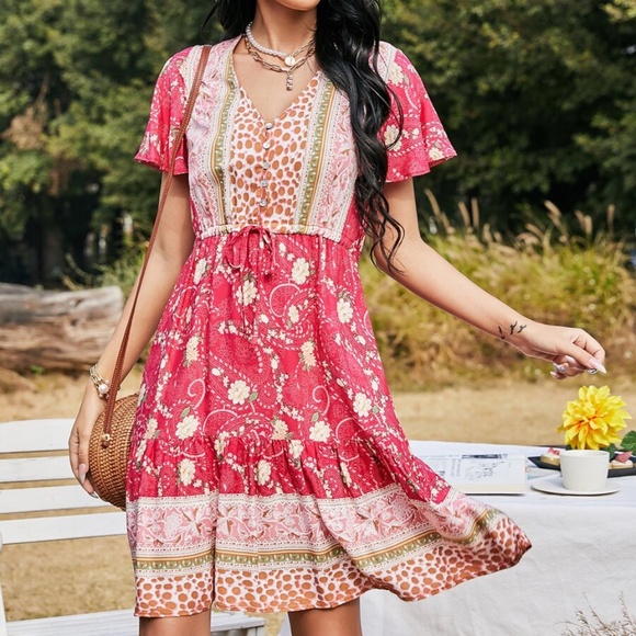 Dresses & Skirts - boho v neck floral button paisley red ruffle dress